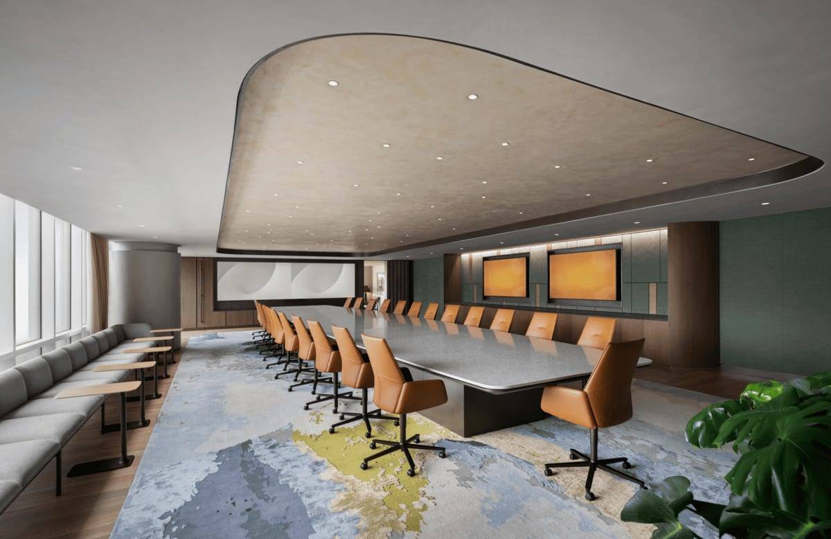 Conference room under a seamless integral-color acoustic plaster ceiling