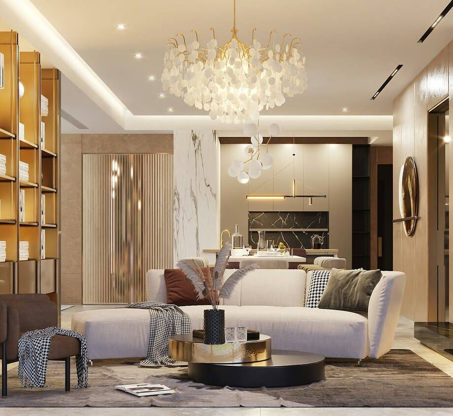 Residential living room with hand-applied plaster walls, a marble kitchen island and a sculptural chandelier