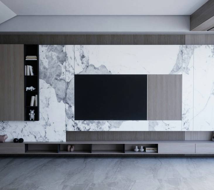 Home theatre wall in marble and timber with a seamless acoustic plaster ceiling