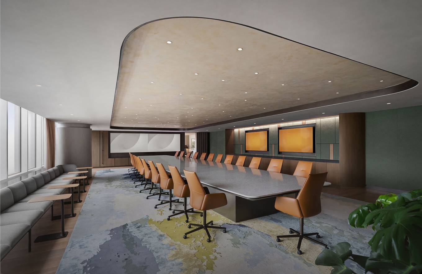 Boardroom ceiling finished in seamless acoustic plaster