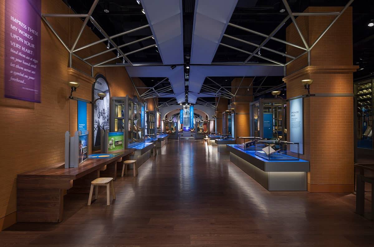 Gallery at the Museum of the Bible in Washington DC with custom brick-finish plaster walls and columns
